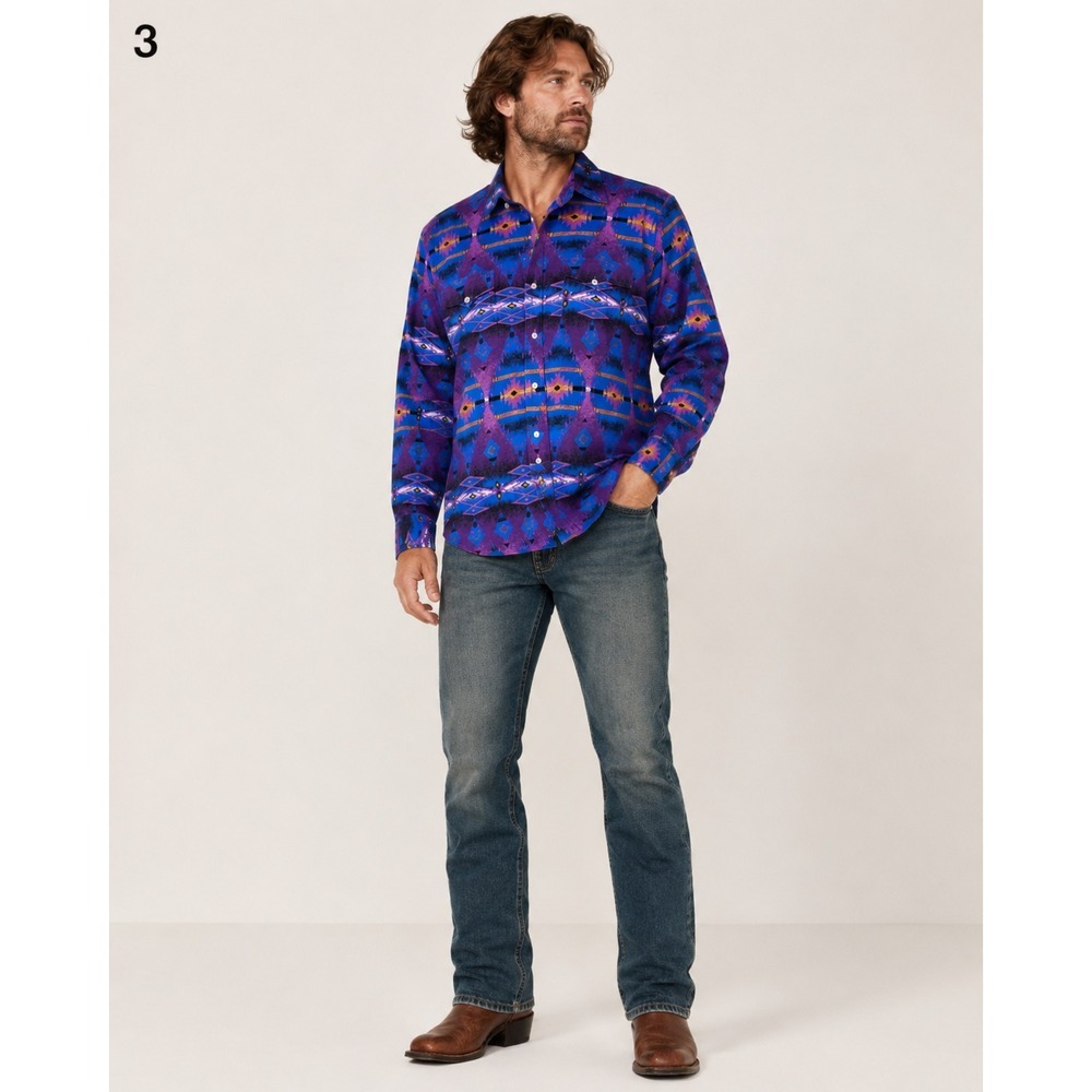 Vintage Panhandle Slim Western Shirt Mens 15 1/2x35 Blue Purple Aztec Print USA